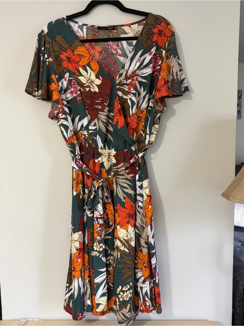 Women's Green Floral Wrap Dress with Tie Waist